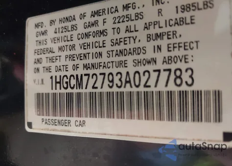 2003 Honda Accord 2.4 Ex из США, поврежденный, VIN 1HGCM72793A027783